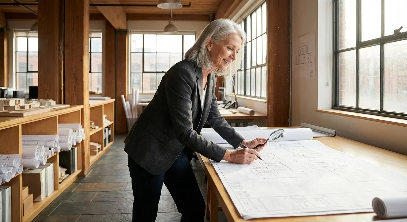 A senior woman professional reviewing plans in a bright studio.