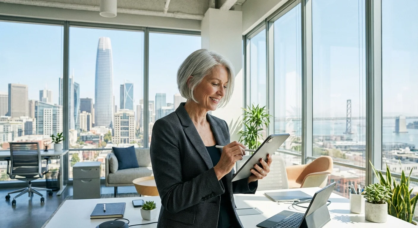 A senior woman professional working on a tablet in a modern California office with a city view.