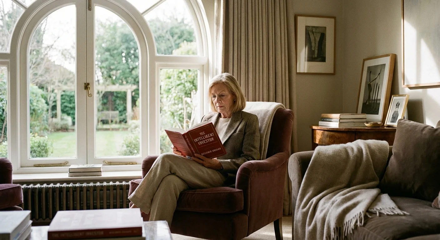 A senior woman reading a book by a window in a peaceful, sunlit room.