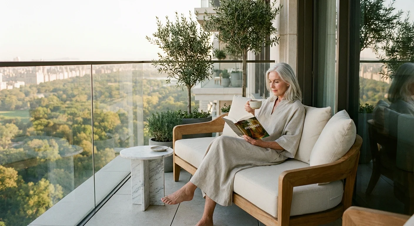 A senior woman reading on a luxury apartment balcony overlooking a park.