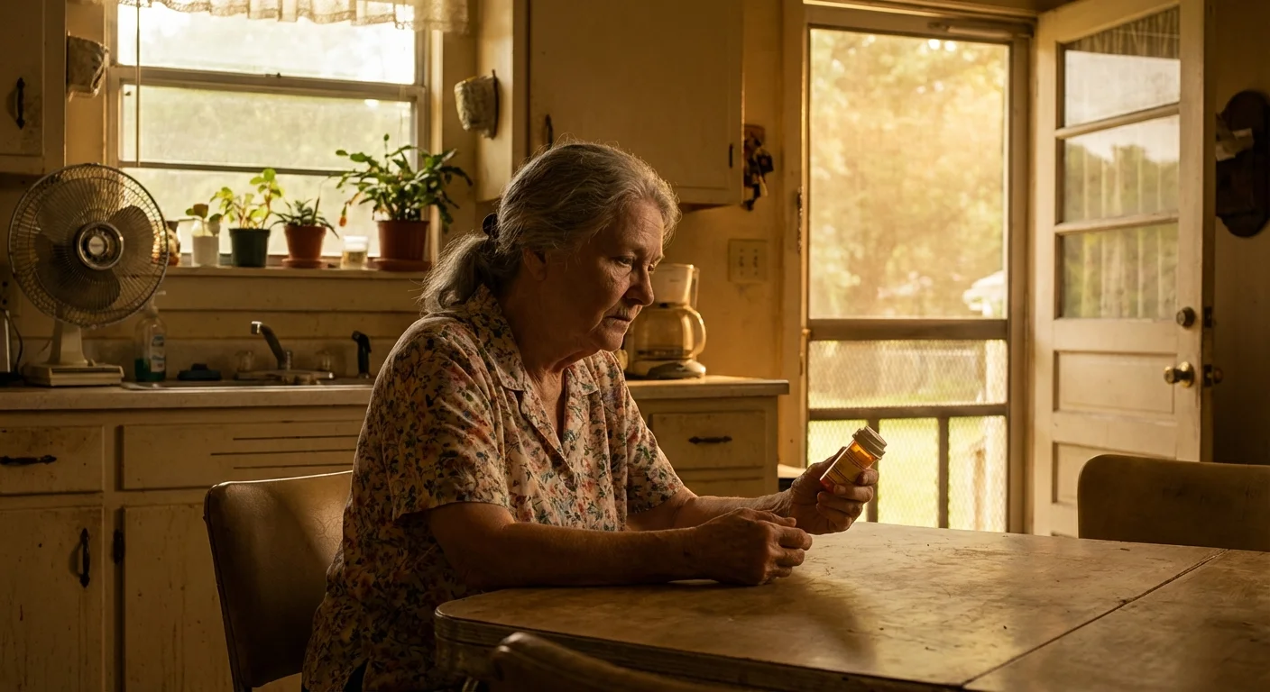 A senior woman reflecting in a kitchen, holding a prescription bottle.