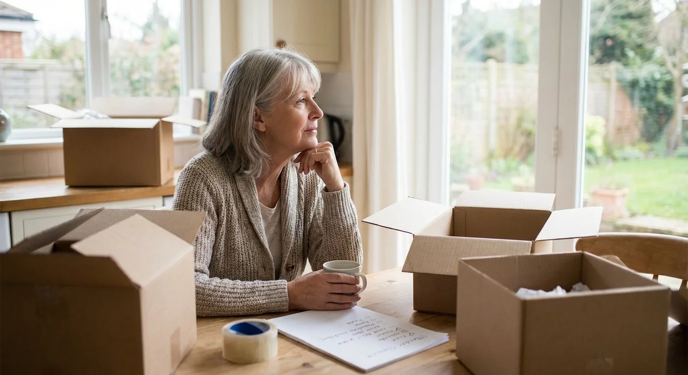 A senior woman reflecting while packing boxes for a move.
