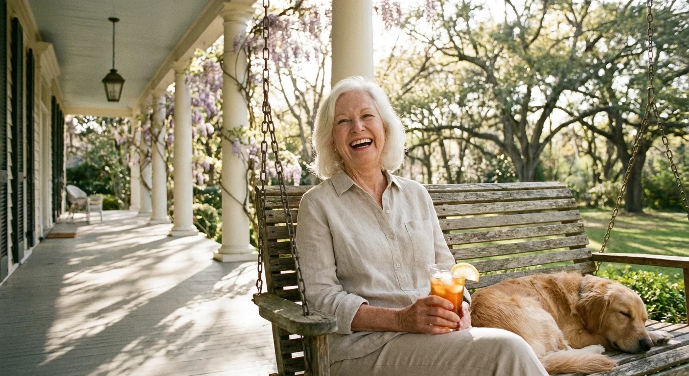 A senior woman relaxing on a porch swing with a drink.