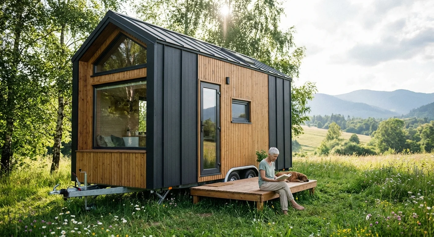 A senior woman relaxing on the deck of a modern tiny house in a meadow.