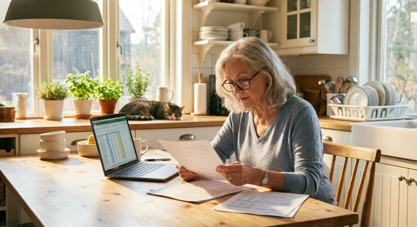 A senior woman reviewing financial papers in a sunlit kitchen.