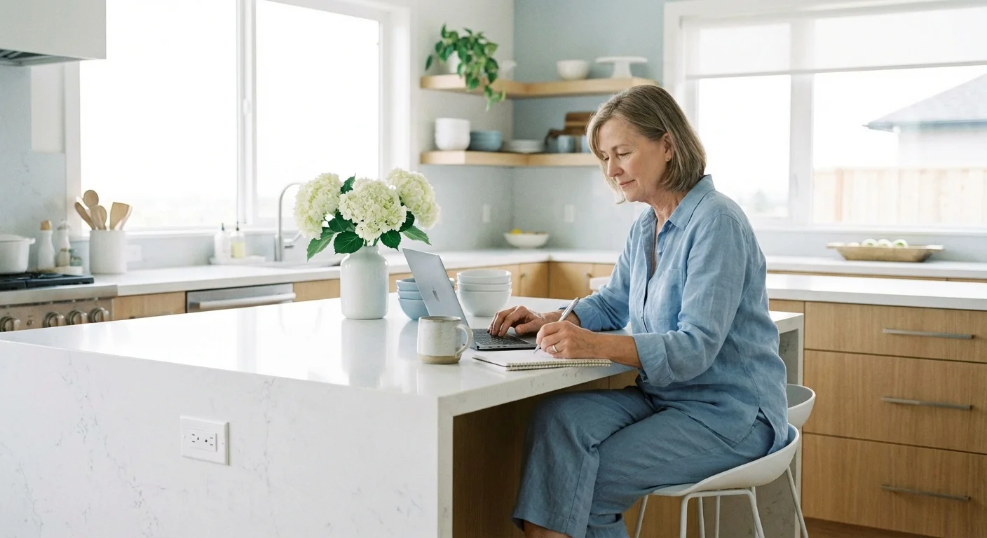 A senior woman reviewing her finances on a laptop at home.