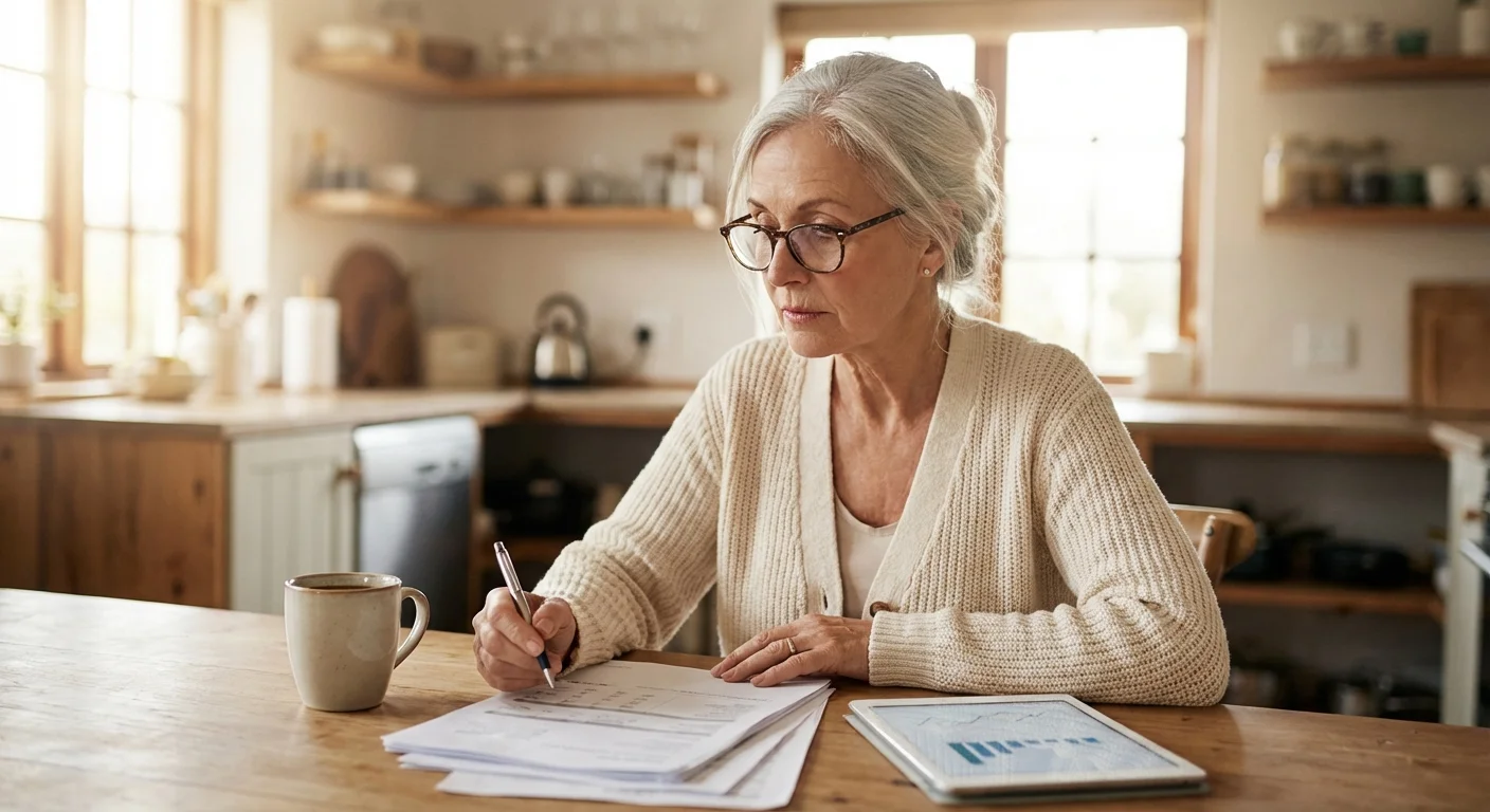 A senior woman reviewing retirement savings and financial documents at home.