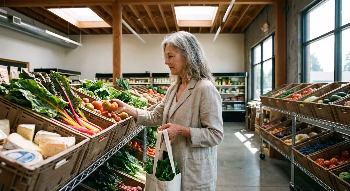 A senior woman selecting fresh produce in a warehouse store.