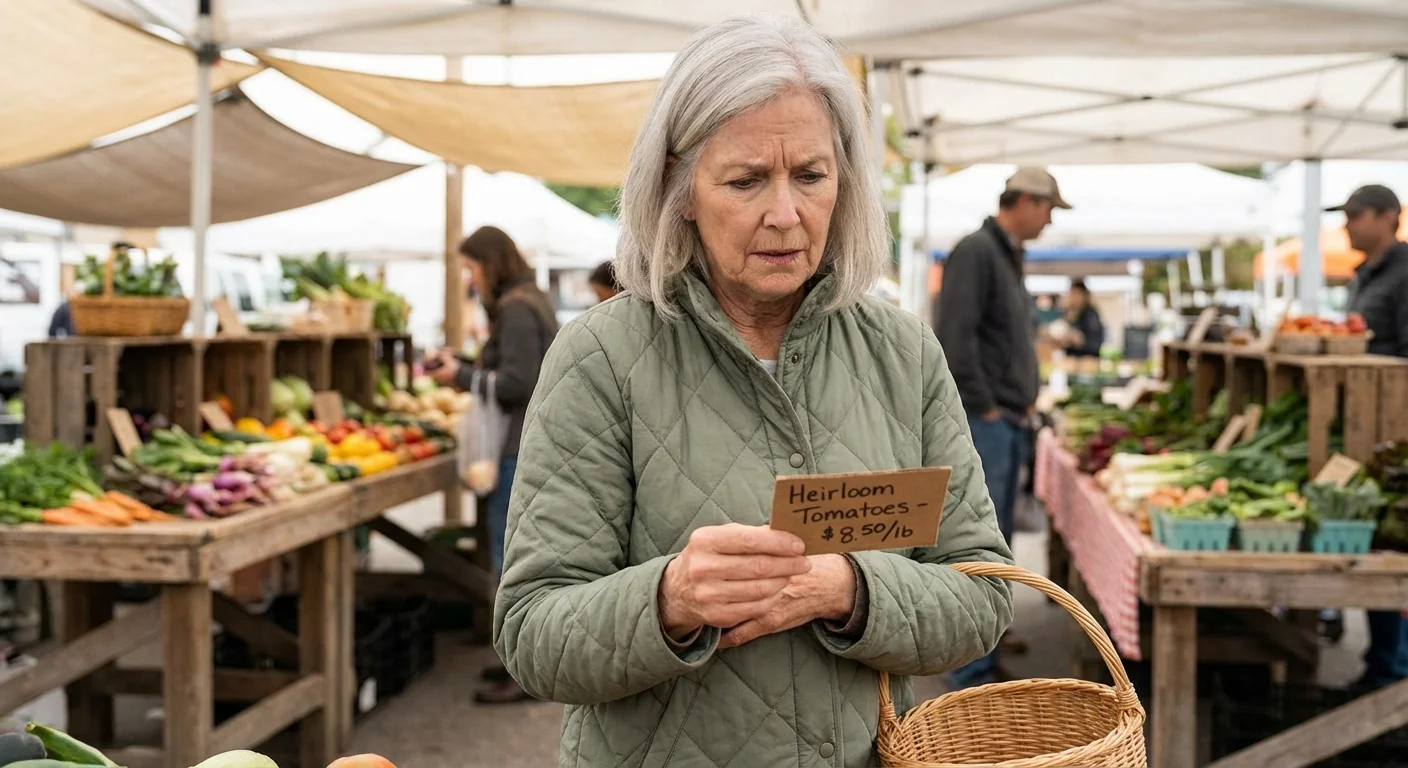 A senior woman shopping for produce at a local outdoor market.