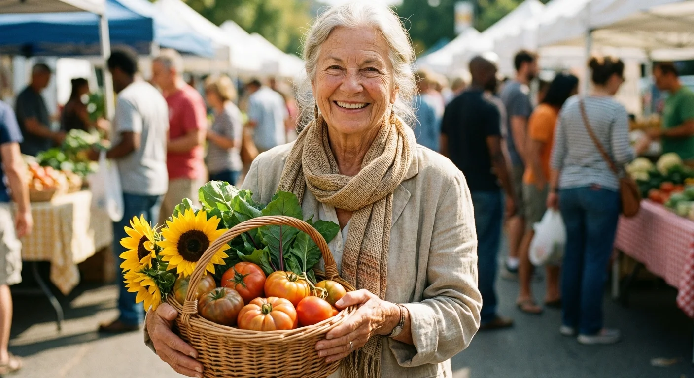 A senior woman shops at a sunny local farmers market, representing the high quality of life in affordable areas.