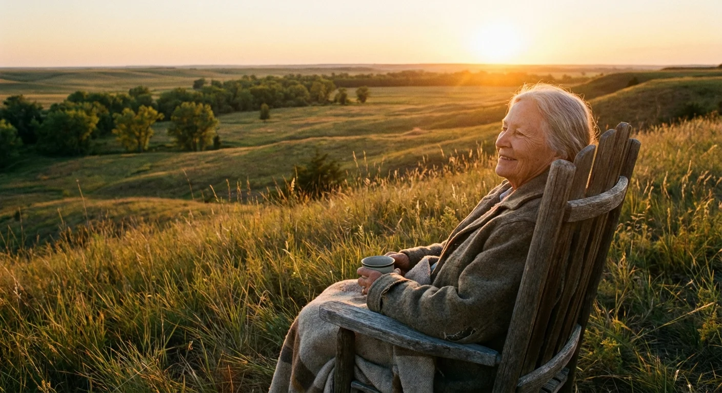 A senior woman silhouetted against a bright prairie sunset.