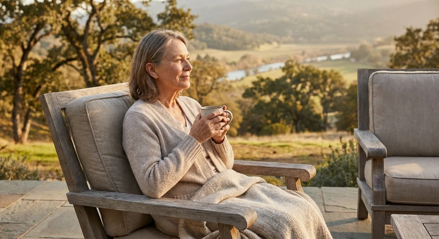 A senior woman sits peacefully on a patio looking at a landscape.