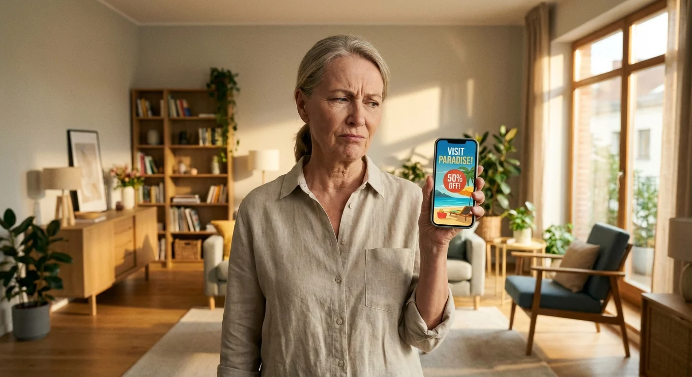 A senior woman skeptically reviewing a social media post on her smartphone.