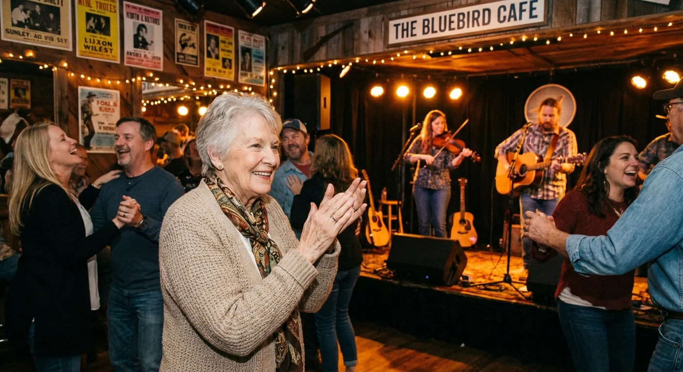 A senior woman smiling and clapping at a music performance.