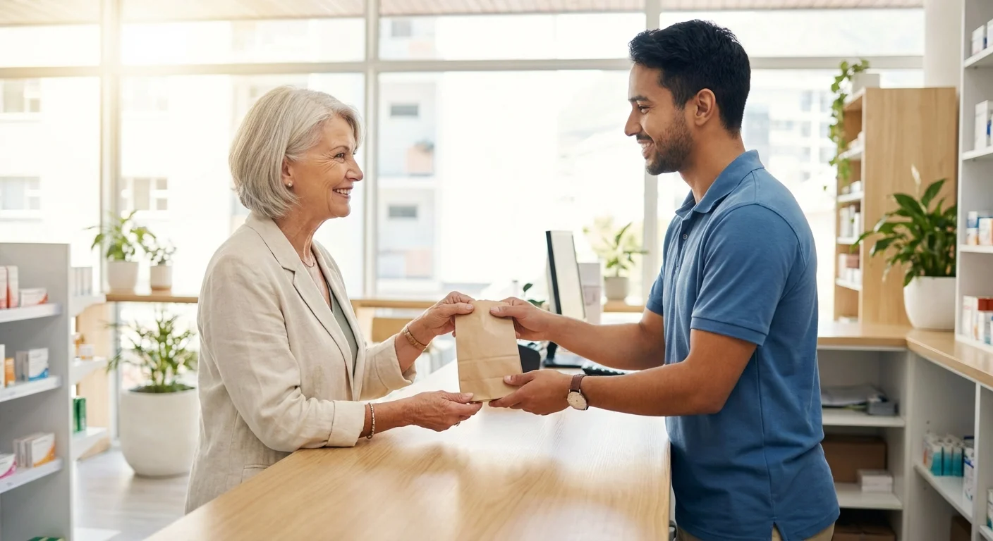 A senior woman smiling as she receives a prescription from a pharmacist in a bright, clean pharmacy.