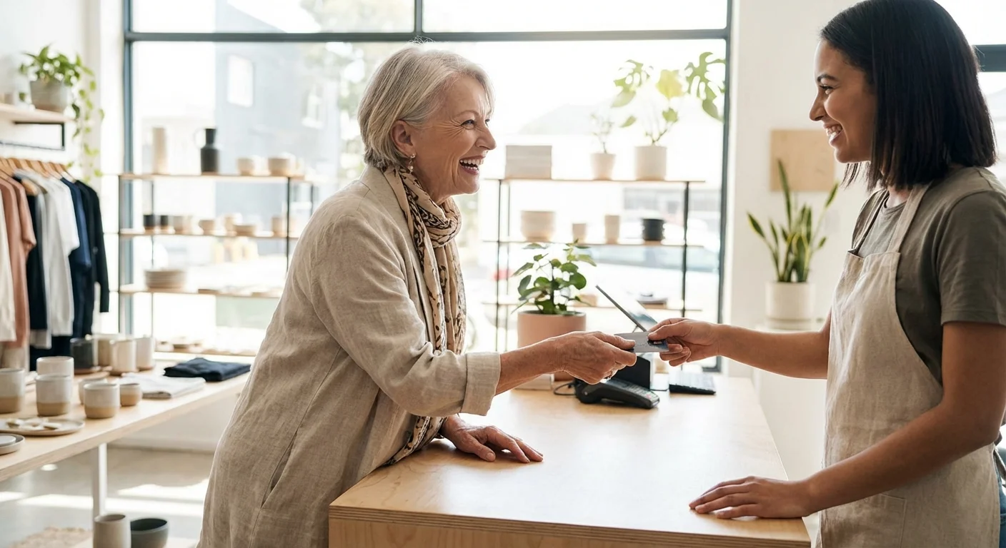 A senior woman smiling while talking to a store clerk at a checkout counter in a bright, modern shop.