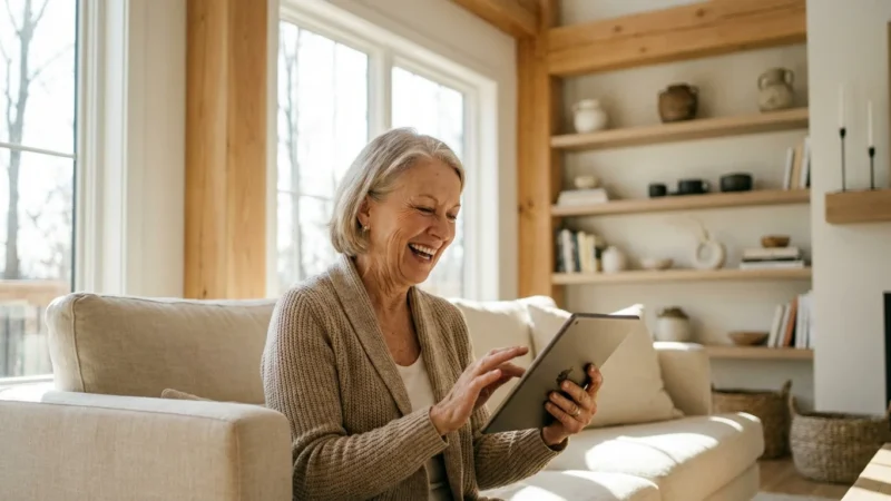 A senior woman smiling while using a tablet in a bright, modern living room.
