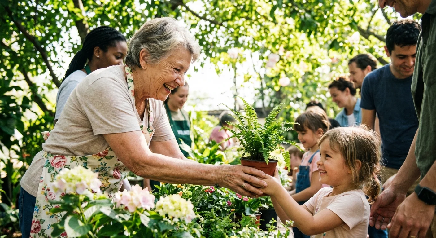 A senior woman smiling while volunteering in a sunny community garden, representing charitable giving.