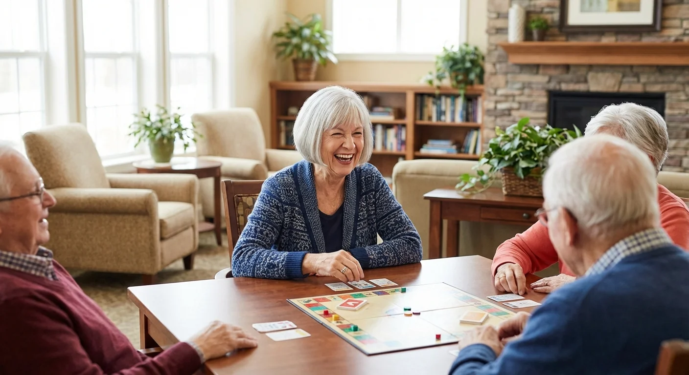 A senior woman socializing in a comfortable, home-like community room.