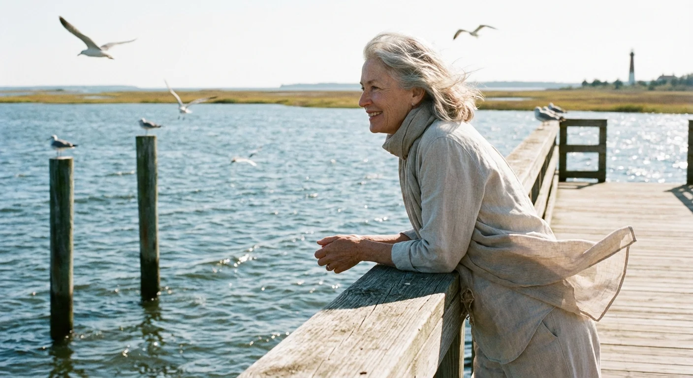 A senior woman standing on a wooden pier looking at the water.