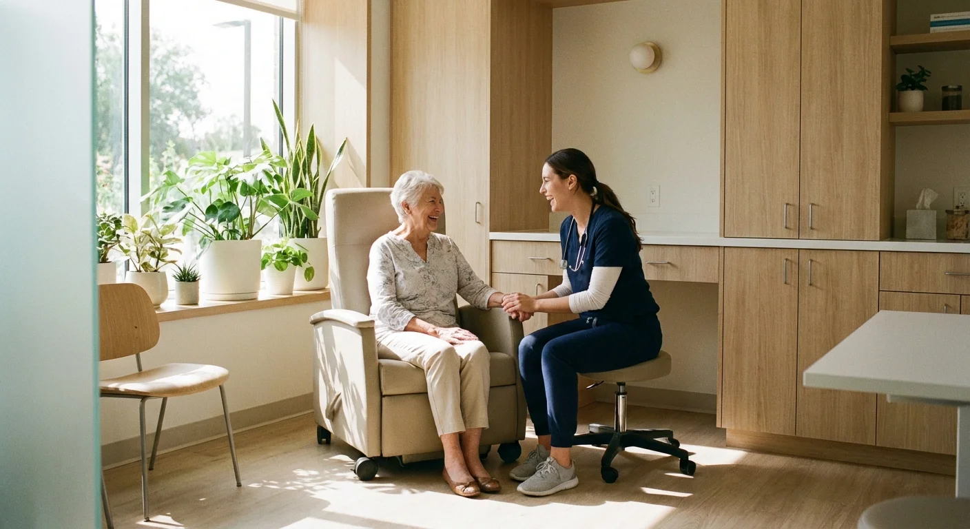 A senior woman talking to a doctor in a bright office.
