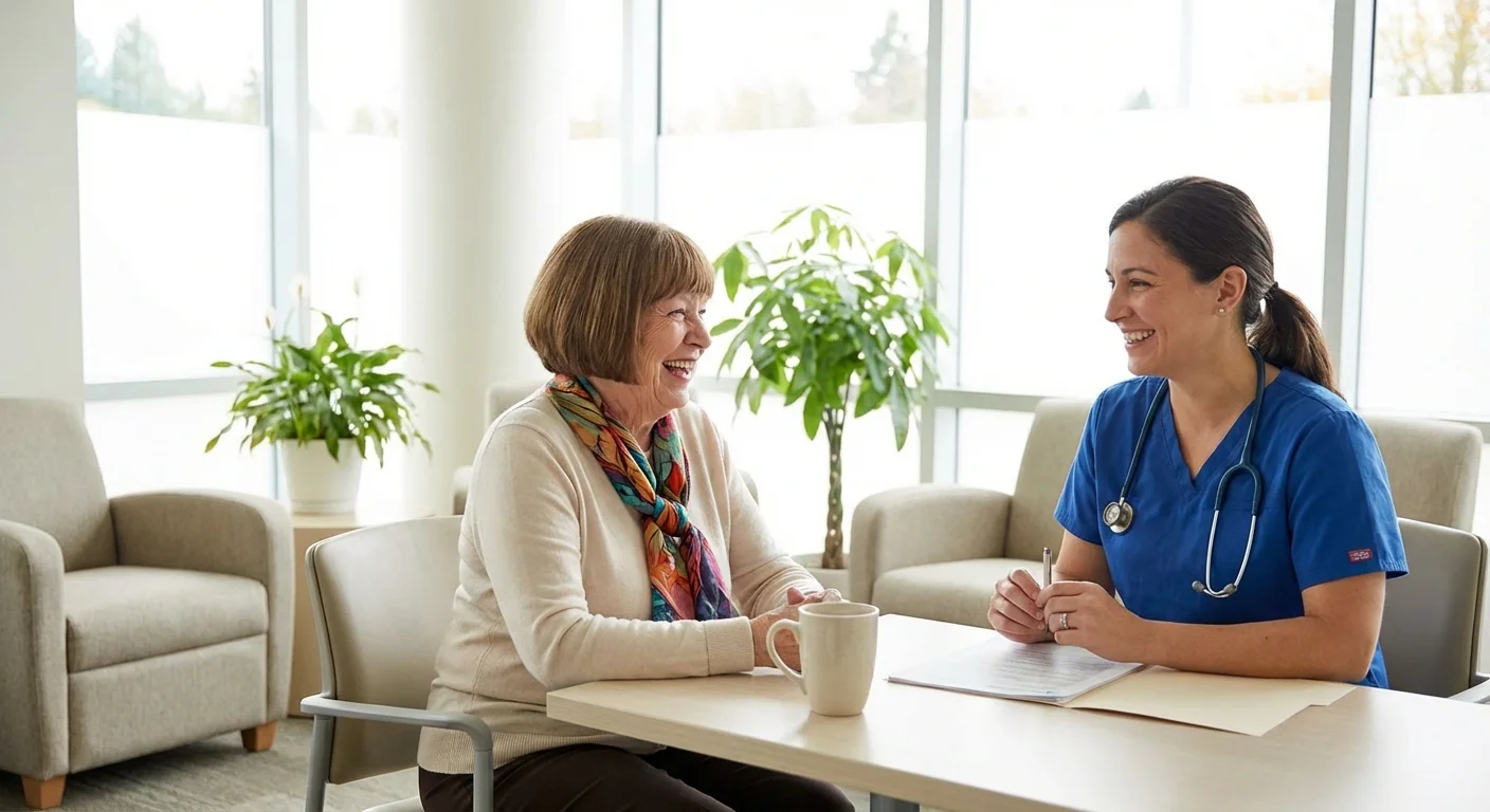 A senior woman talking warmly with a healthcare professional in a bright office.