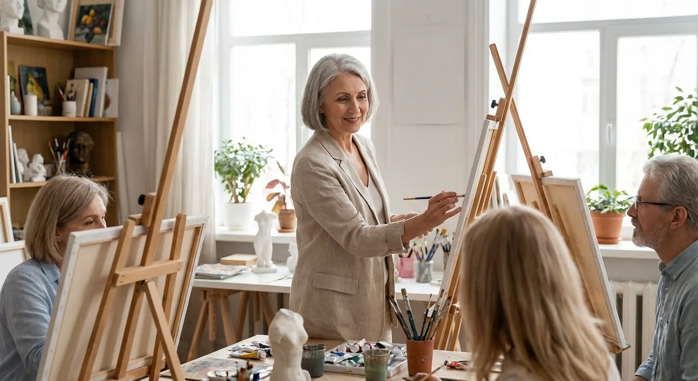 A senior woman teaching a creative workshop in a bright art studio.