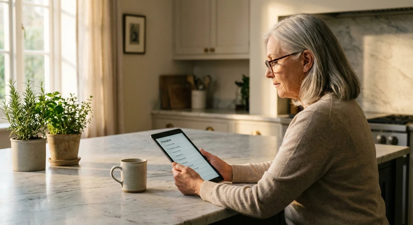 A senior woman thoughtfully reviewing a digital checklist in a modern kitchen.