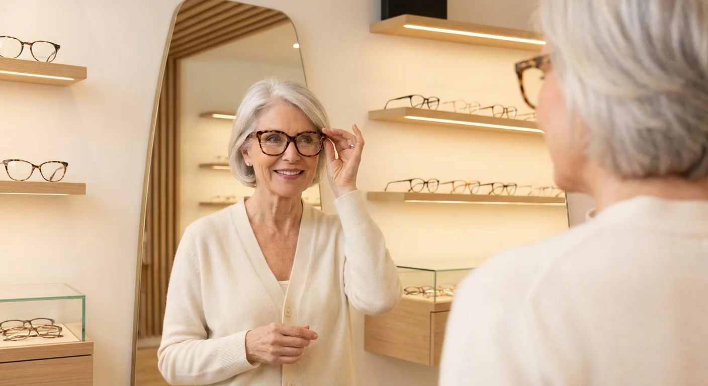 A senior woman trying on new eyeglasses in a bright optical department.