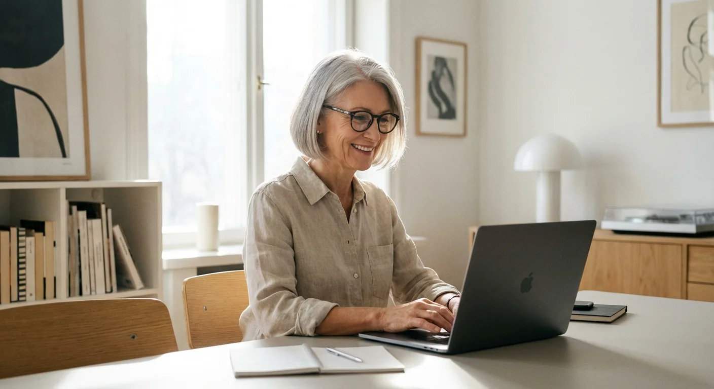 A senior woman using a laptop at a clean, sunlit desk.