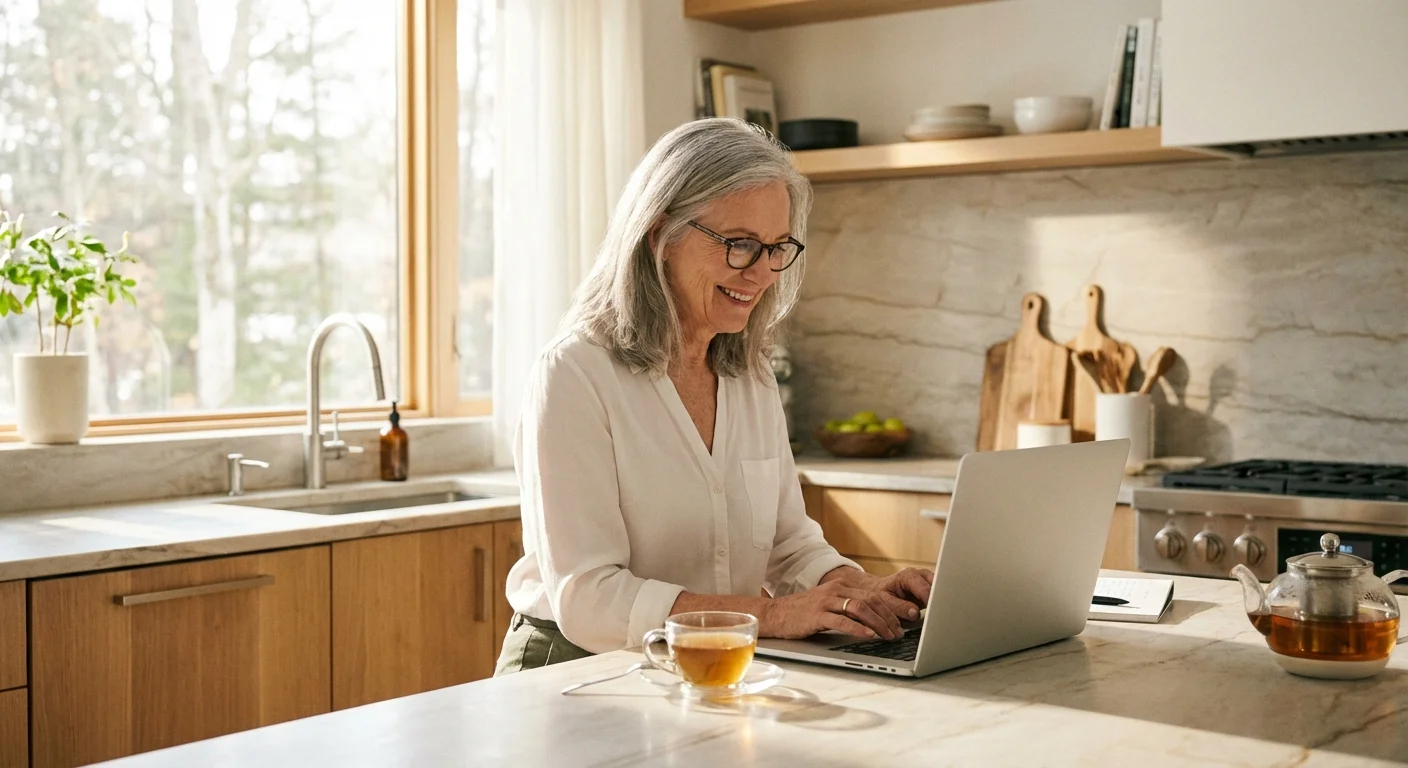 A senior woman using a laptop in a bright kitchen to research her retirement move.