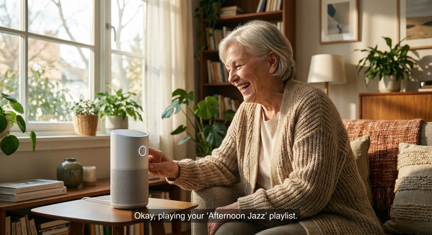 A senior woman using a voice-activated smart home device.
