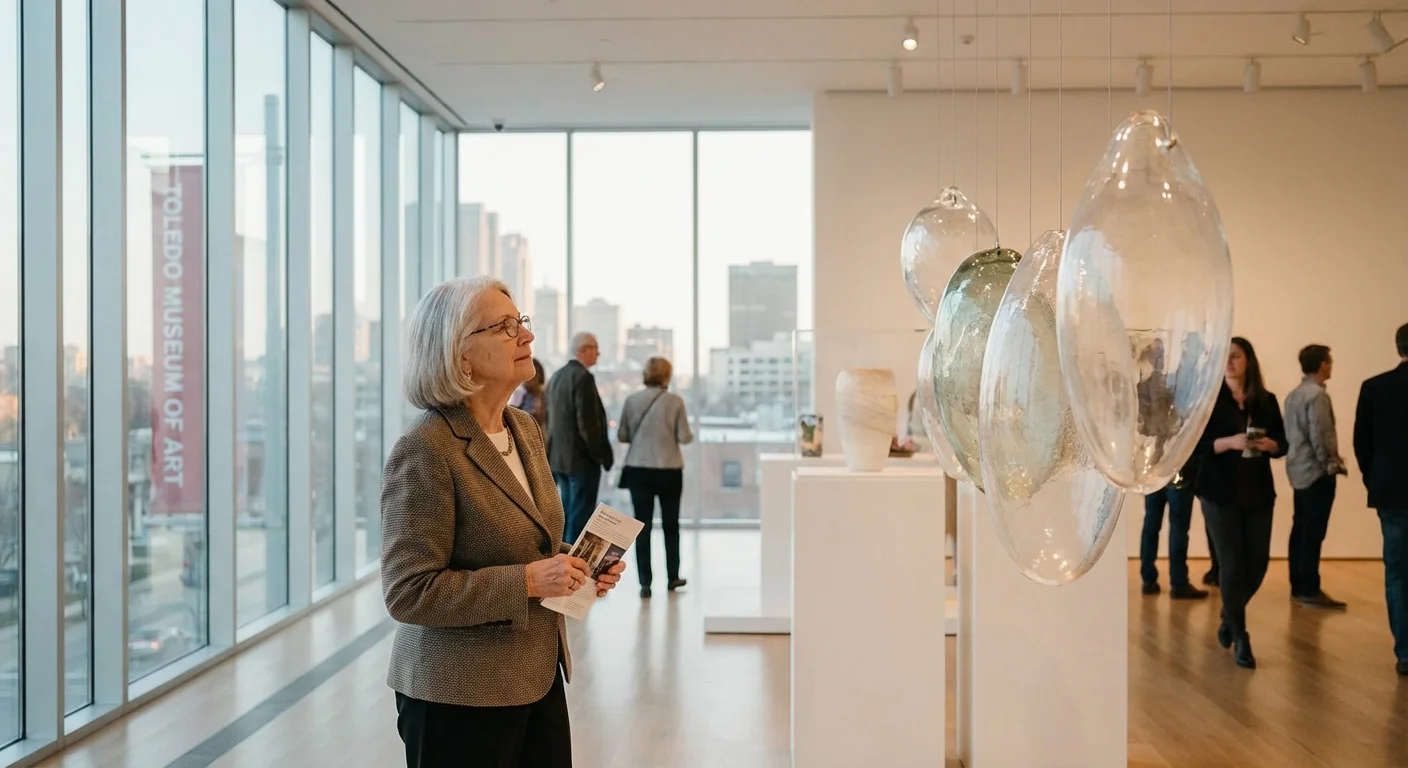 A senior woman viewing art in a bright, modern museum gallery.