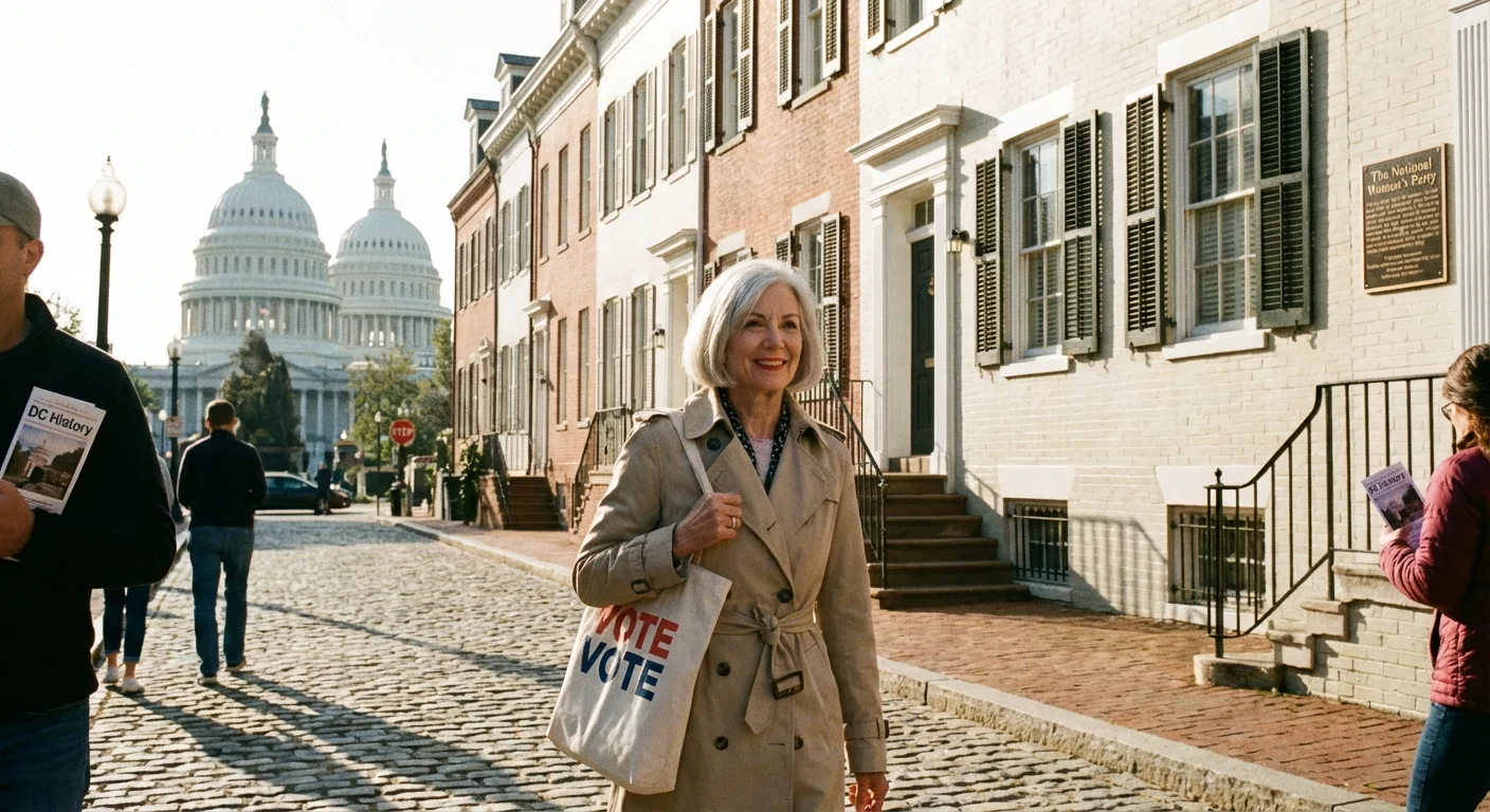 A senior woman walking near historic white stone buildings in D.C.