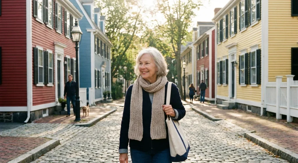 A senior woman walking on a historic cobblestone street in Providence.