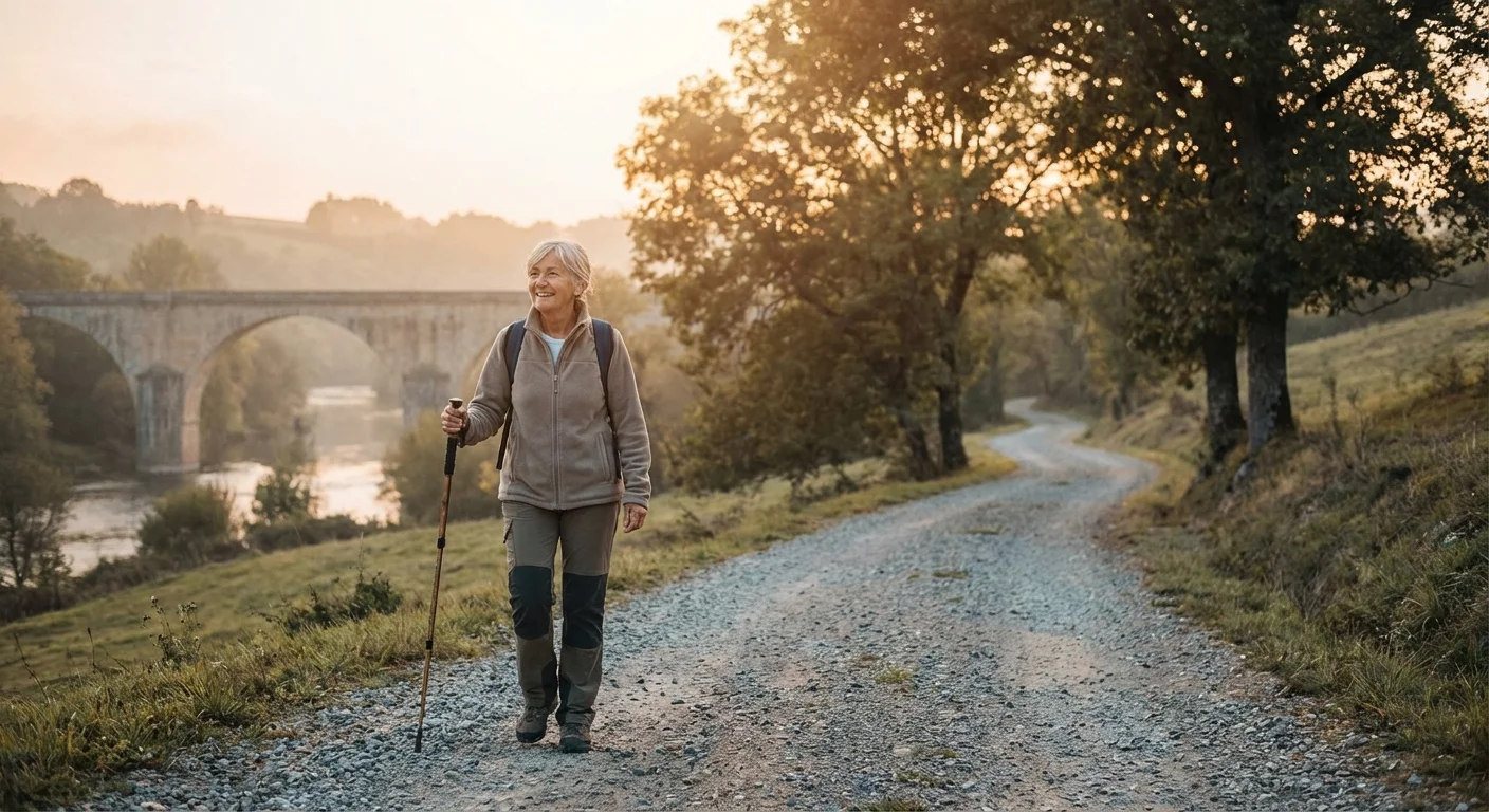 A senior woman walking on a path toward a distant horizon at sunset.