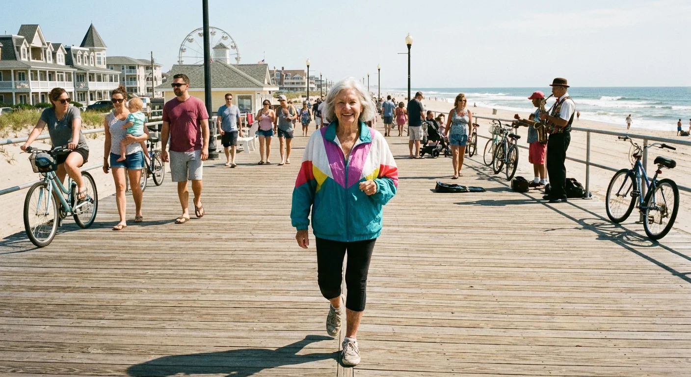 A senior woman walking on a wooden boardwalk by the sea.
