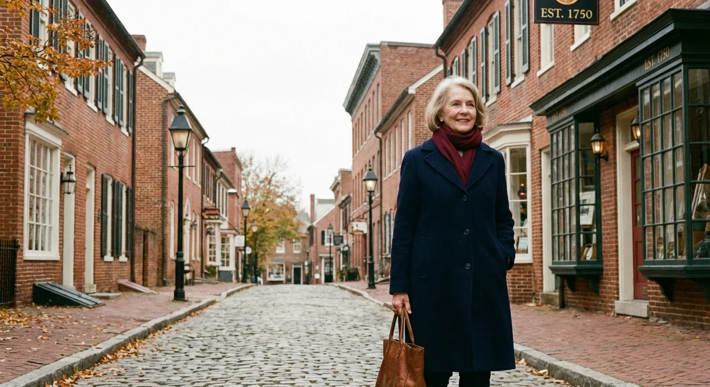 A senior woman walks through a historic district with red-brick architecture.