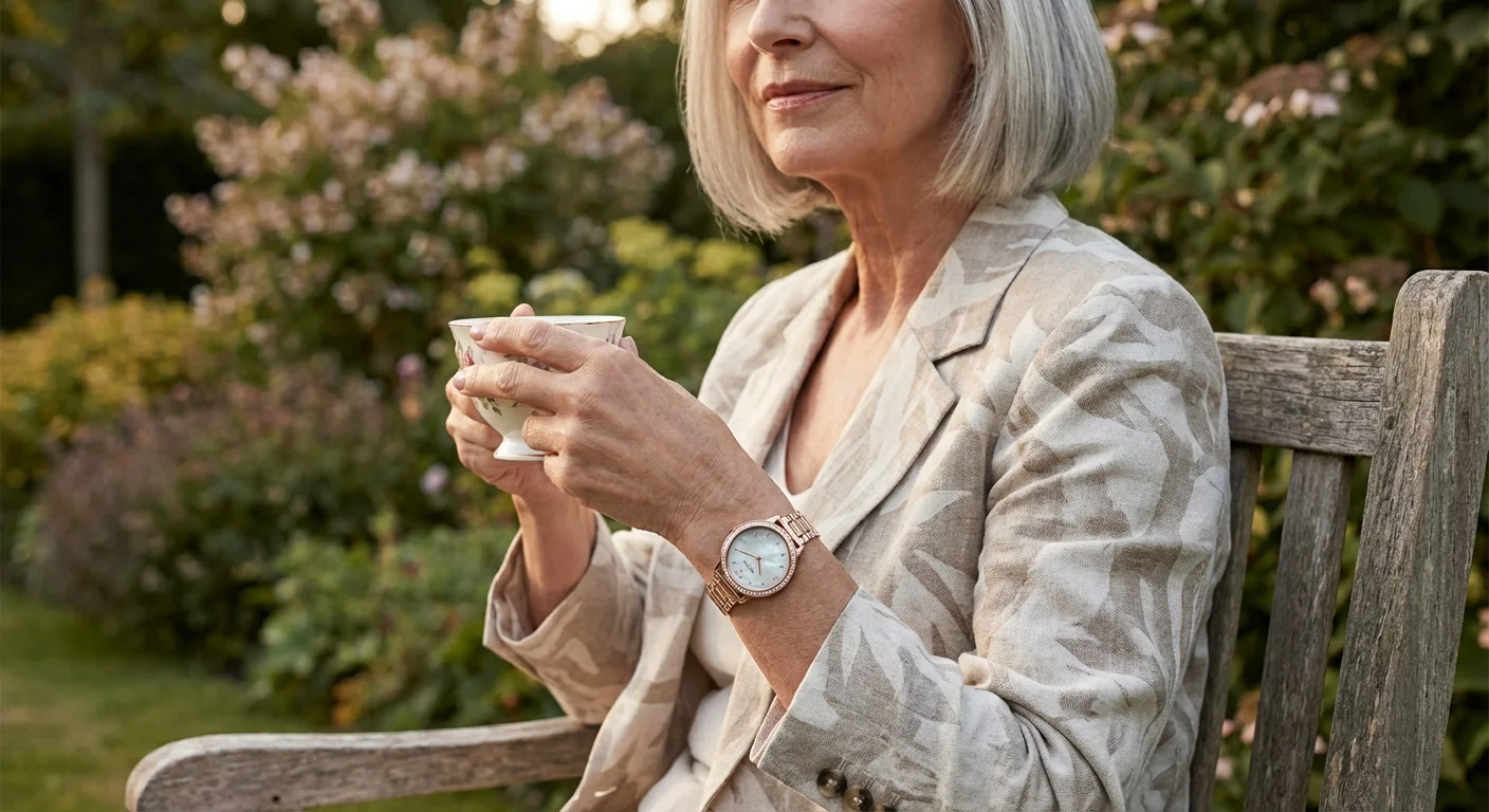 A senior woman wearing a stylish smart watch while relaxing outdoors.