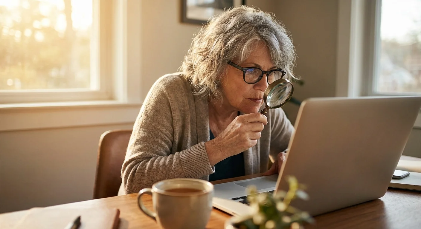 A senior woman wearing glasses looking intently at a computer screen to verify a website's authenticity.