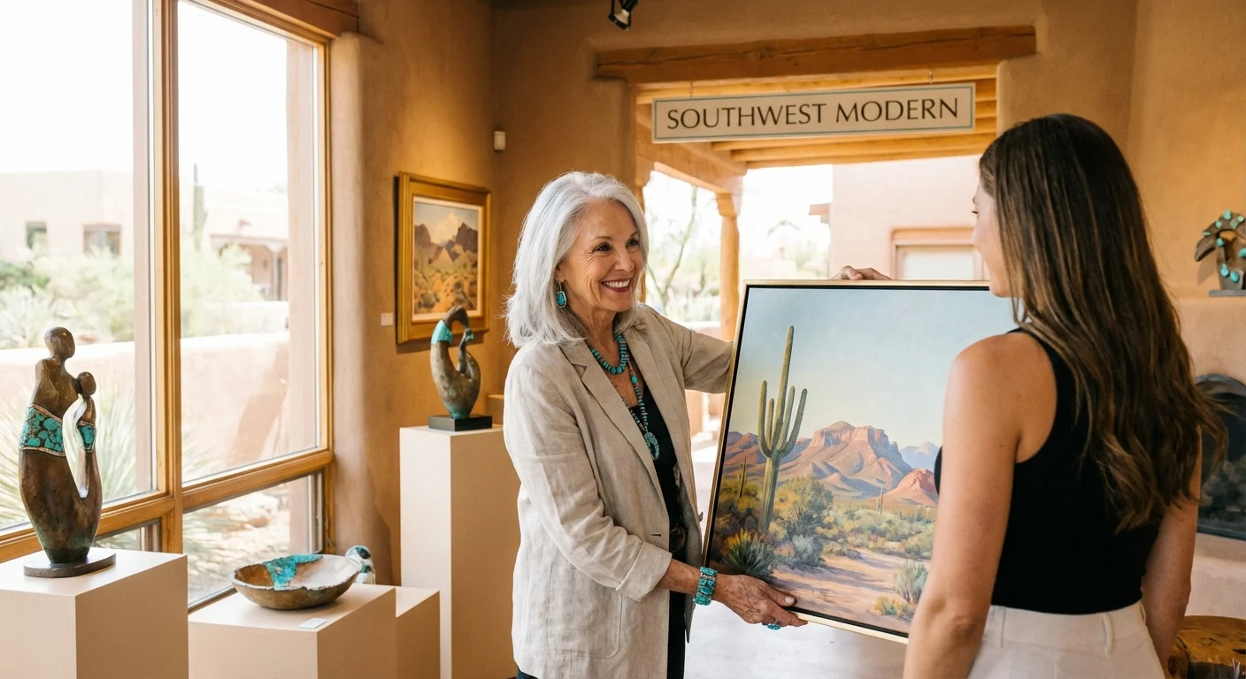 A senior woman working in a bright Arizona art gallery, surrounded by desert-themed decor.