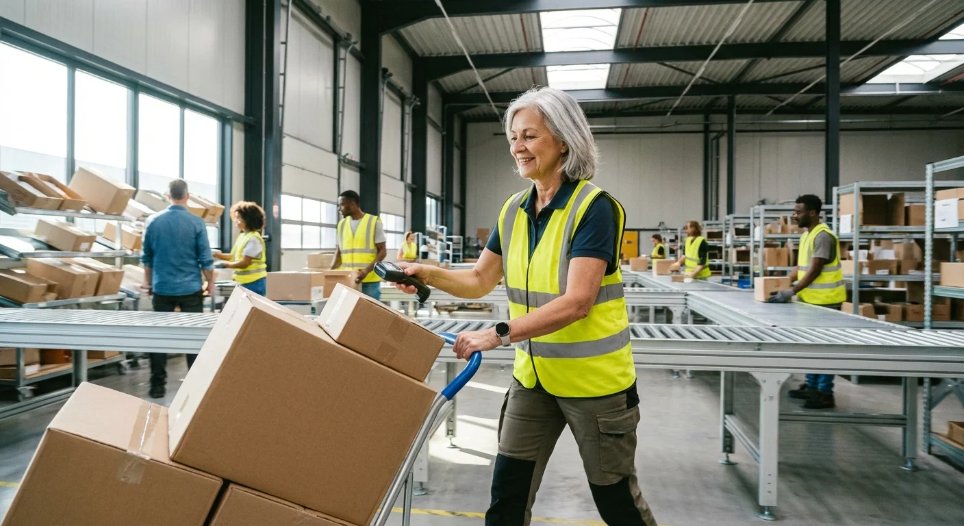 A senior woman working in a busy Missouri logistics or retail center.
