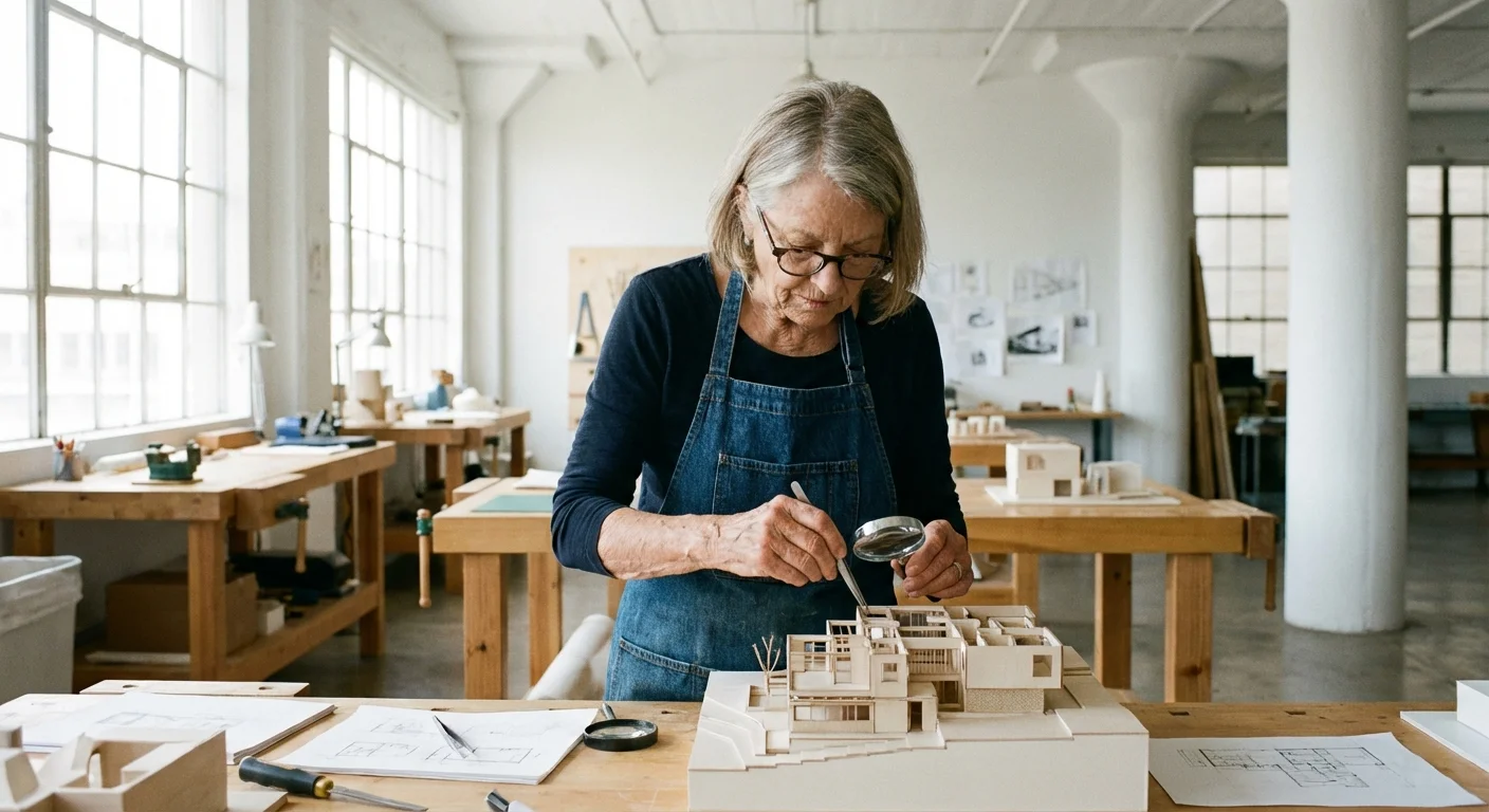 A senior woman working in a clean, modern manufacturing or design environment in Indiana.