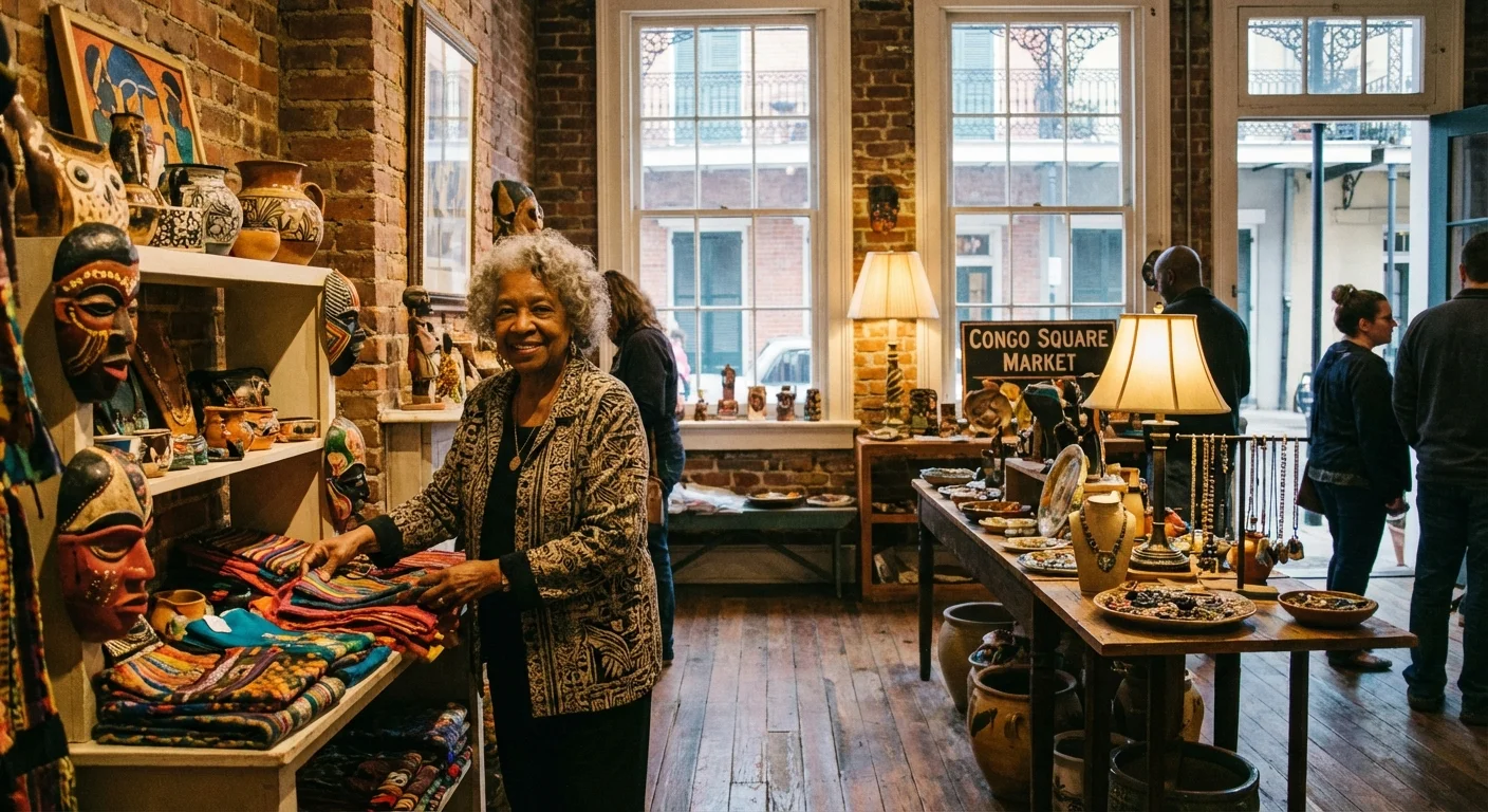 A senior woman working in a colorful, historic Louisiana shop.