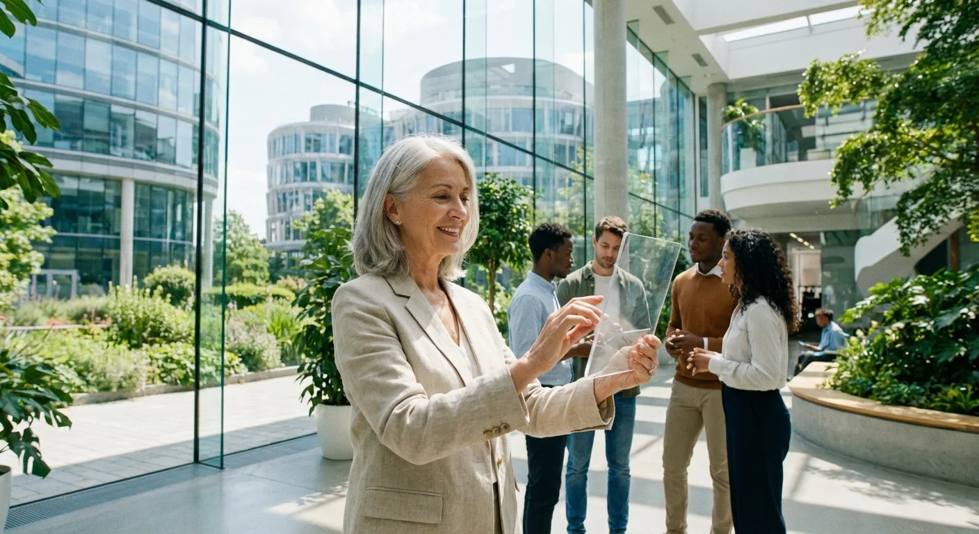 A senior woman working in a modern North Carolina research office.