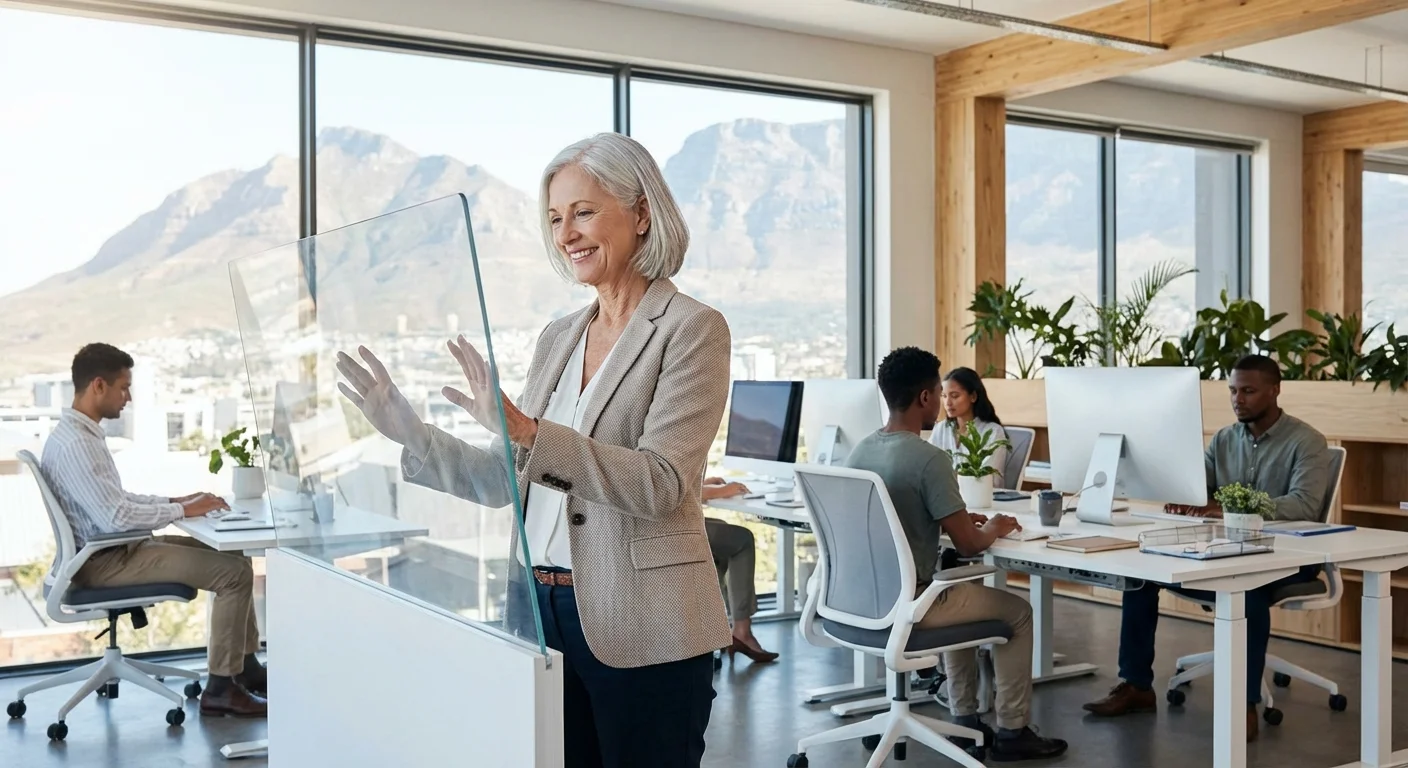 A senior woman working in a modern Utah office with mountains in the background.