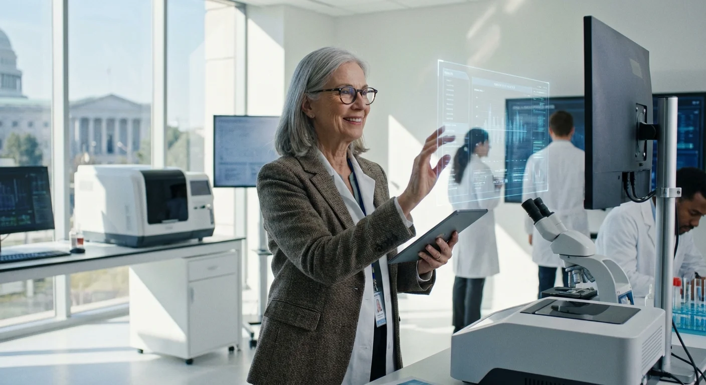 A senior woman working in a professional Maryland research or government office.