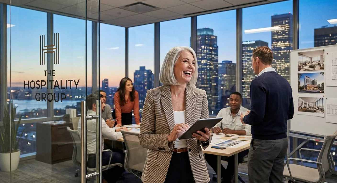 A senior woman working in a professional Nevada hospitality office.