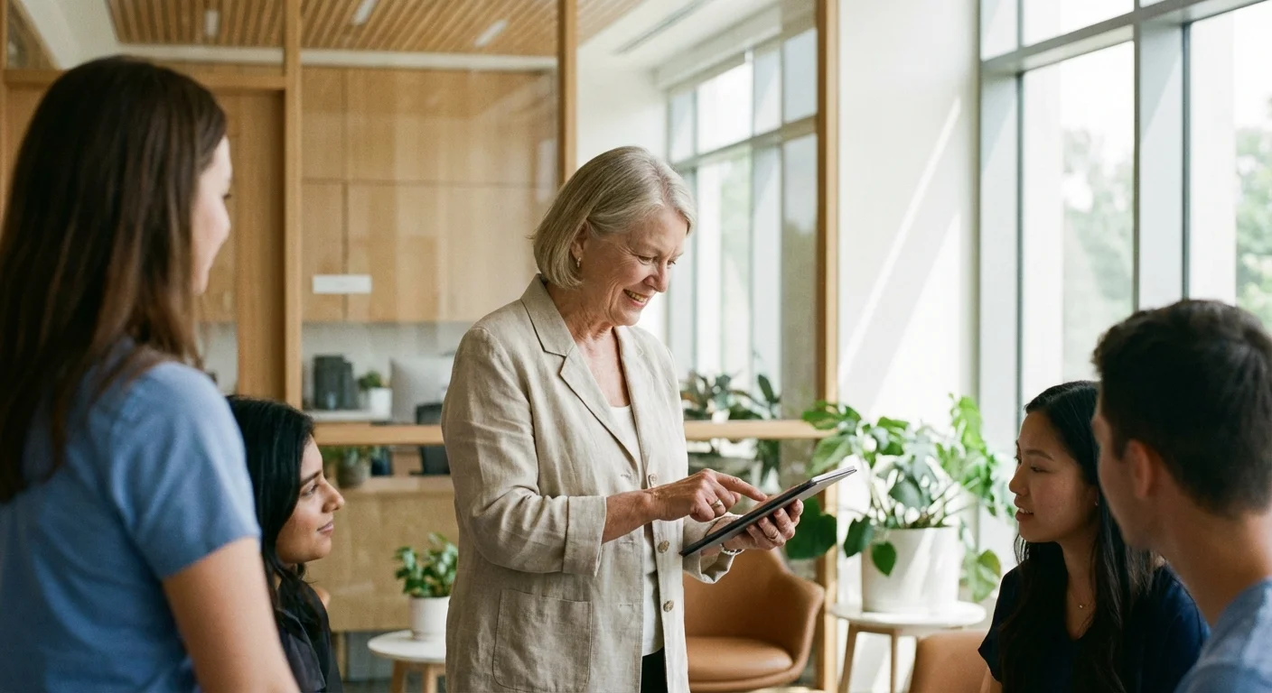A senior woman working in a professional Ohio healthcare or school setting.