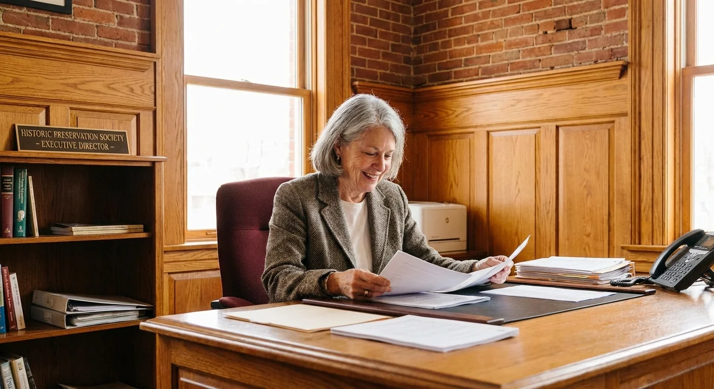 A senior woman working in a professional Pennsylvania office with historic details.